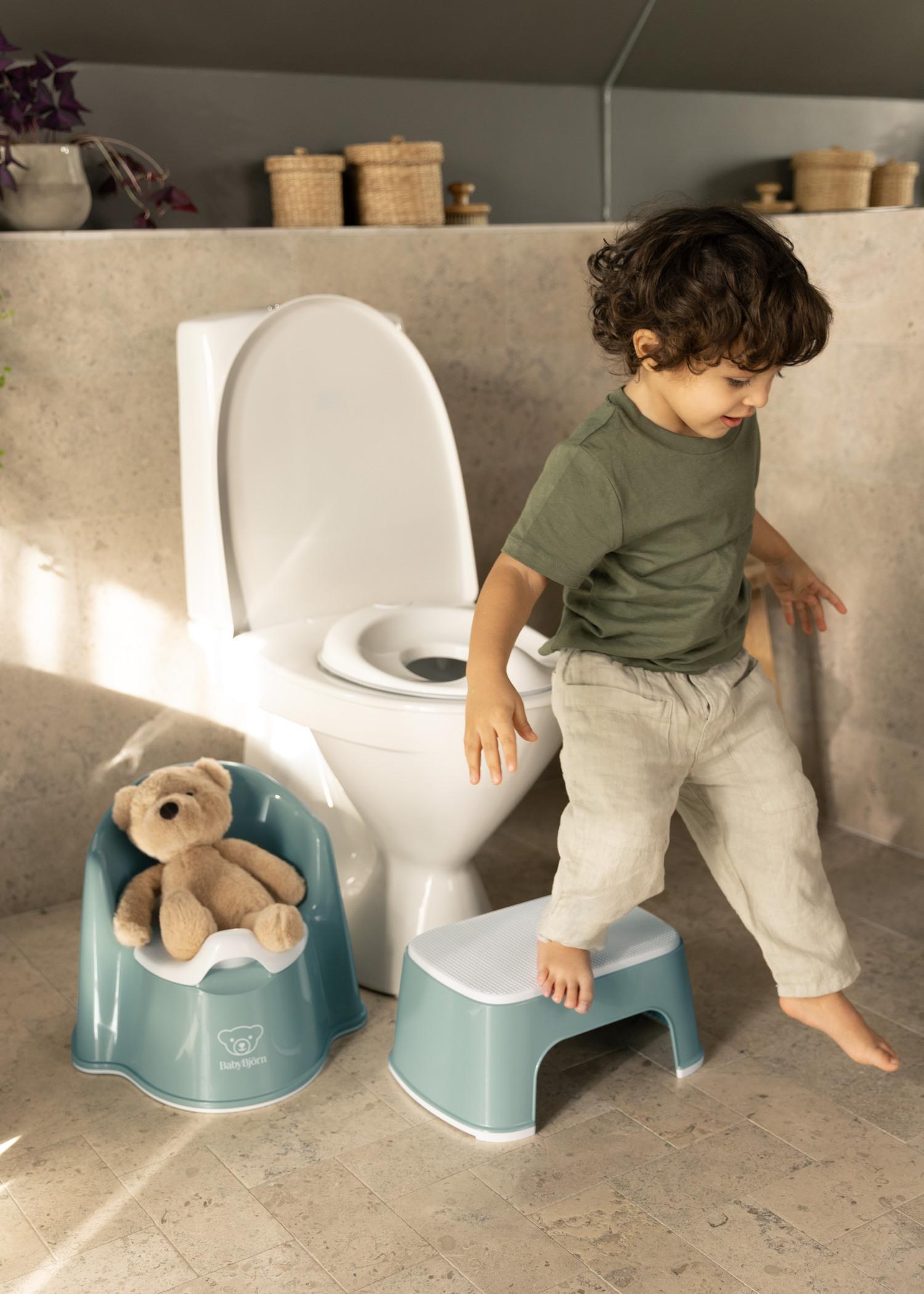 Child stepping off a small stool next to a toilet, with a teddy bear on a potty seat.