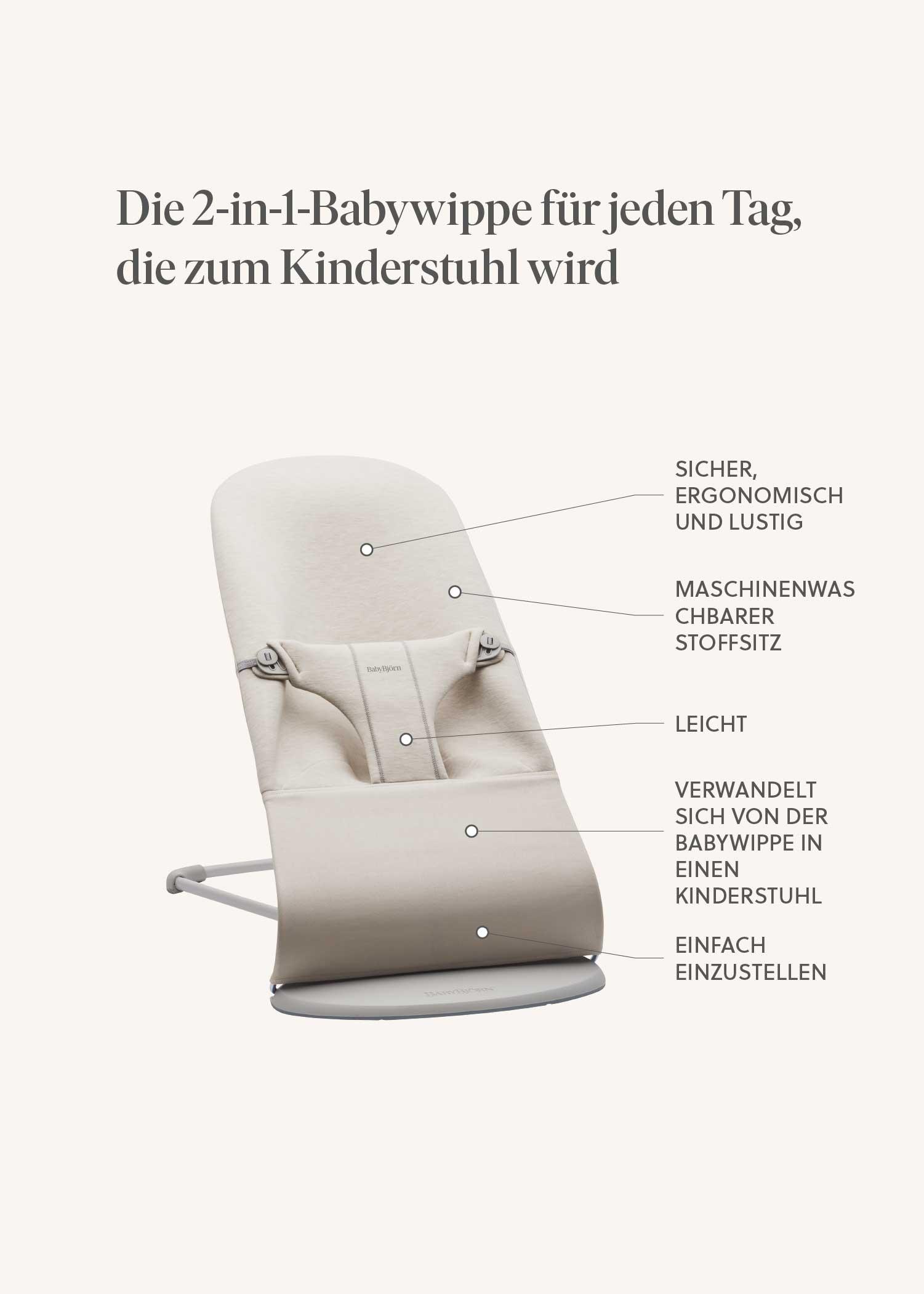 A 2-in-1 baby rocker that converts to a high chair, featuring a machine-washable fabric seat, ergonomic design, and adjustable settings.
