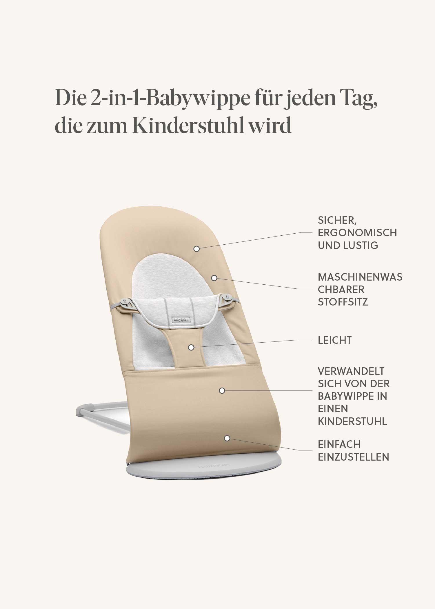 Two-in-one baby bouncer and chair with a washable fabric seat. Features include safety, ergonomic design, lightweight, and easy adjustability.