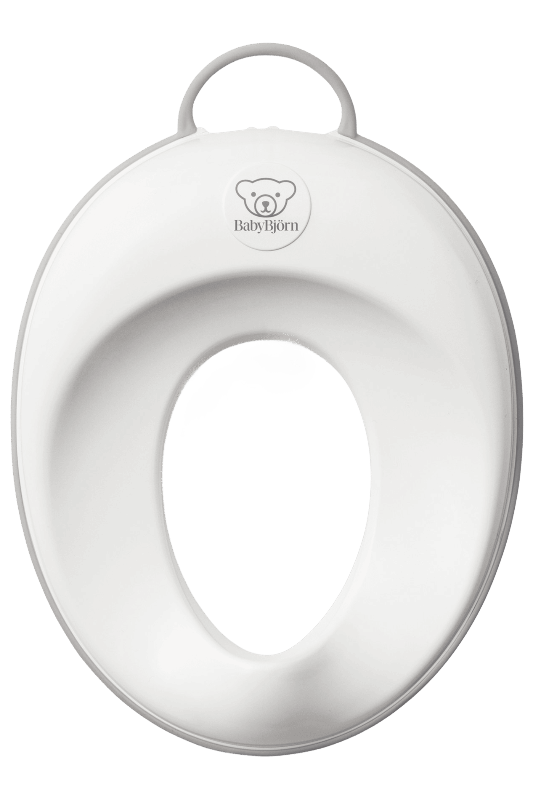 White BabyBjörn toilet training seat with a handle, featuring a bear logo at the top.